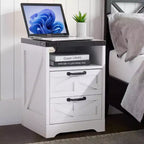 Table de chevet de ferme avec station de recharge, table d'appoint rustique à 2 tiroirs avec ports USB et prises, table de chevet industrielle en bois, blanche