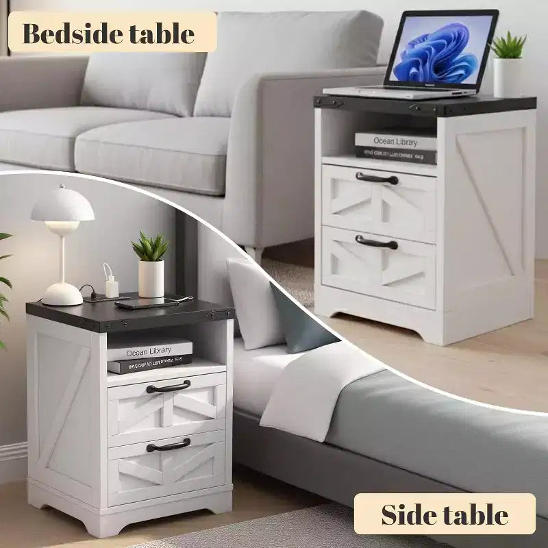 Table de chevet de ferme avec station de recharge, table d'appoint rustique à 2 tiroirs avec ports USB et prises, table de chevet industrielle en bois, blanche