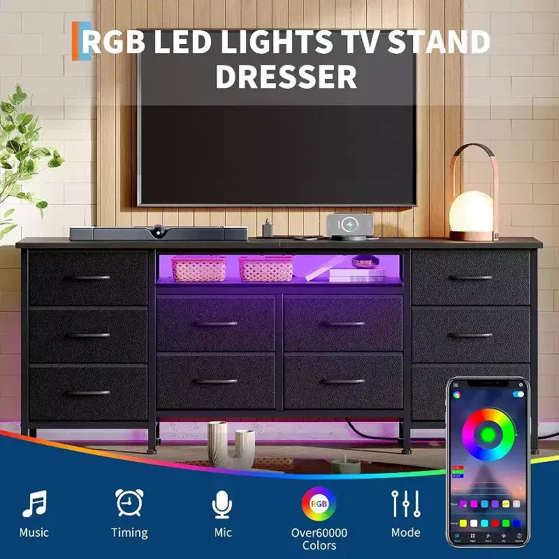 Meuble TV pour téléviseurs de 65, 70, 75 pouces, commode longue à 10 tiroirs avec prises électriques et lumières LED, meuble TV de 160 cm avec tiroirs de rangement