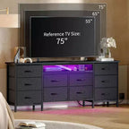 Meuble TV pour téléviseurs de 65, 70, 75 pouces, commode longue à 10 tiroirs avec prises électriques et lumières LED, meuble TV de 160 cm avec tiroirs de rangement