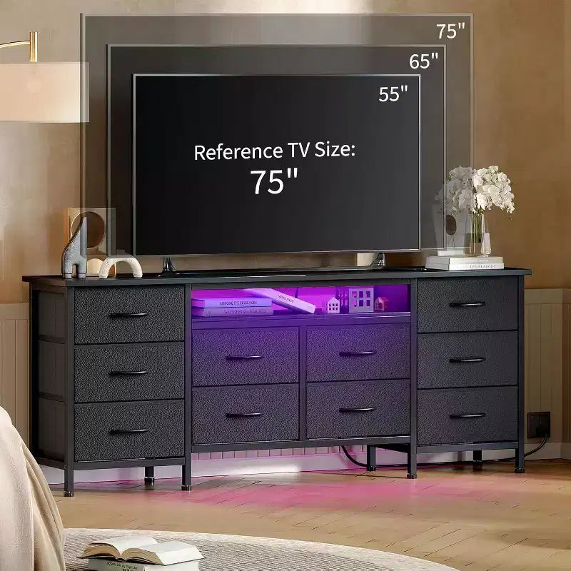 Meuble TV pour téléviseurs de 65, 70, 75 pouces, commode longue à 10 tiroirs avec prises électriques et lumières LED, meuble TV de 160 cm avec tiroirs de rangement