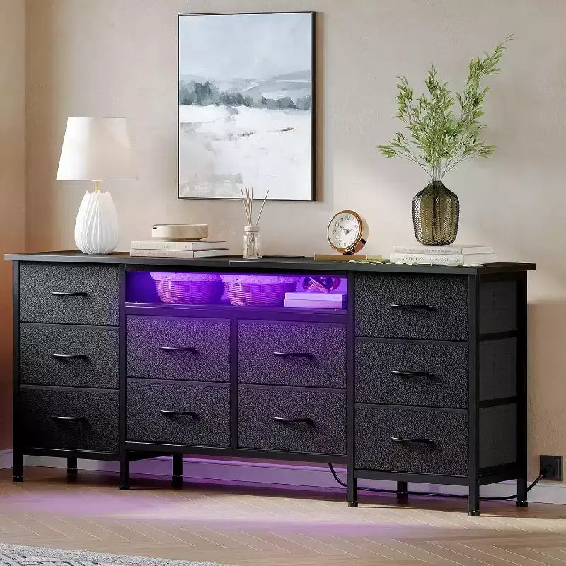 Meuble TV pour téléviseurs de 65, 70, 75 pouces, commode longue à 10 tiroirs avec prises électriques et lumières LED, meuble TV de 160 cm avec tiroirs de rangement