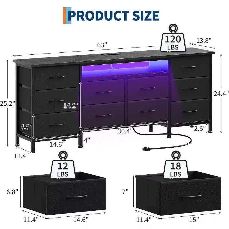 Meuble TV pour téléviseurs de 65, 70, 75 pouces, commode longue à 10 tiroirs avec prises électriques et lumières LED, meuble TV de 160 cm avec tiroirs de rangement