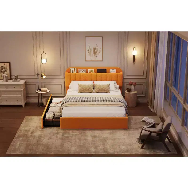 Cadre de lit plateforme pleine grandeur, lit pour enfants avec tête de lit de rangement, 2 tiroirs roulants, cadre de lit silencieux, pas besoin de sommier tapissier, jaune