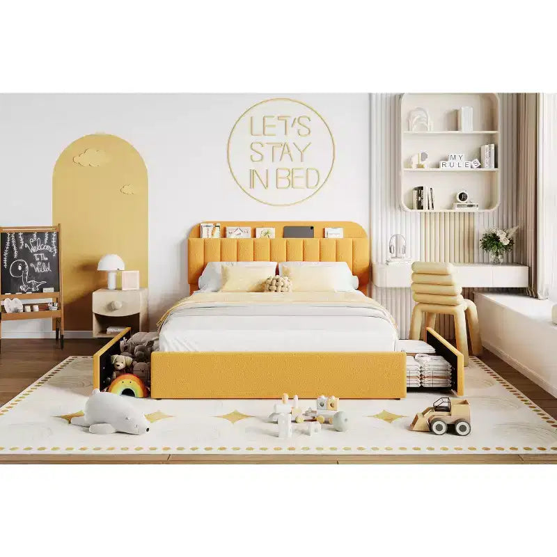 Cadre de lit plateforme pleine grandeur, lit pour enfants avec tête de lit de rangement, 2 tiroirs roulants, cadre de lit silencieux, pas besoin de sommier tapissier, jaune