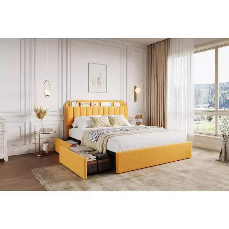 Cadre de lit plateforme pleine grandeur, lit pour enfants avec tête de lit de rangement, 2 tiroirs roulants, cadre de lit silencieux, pas besoin de sommier tapissier, jaune