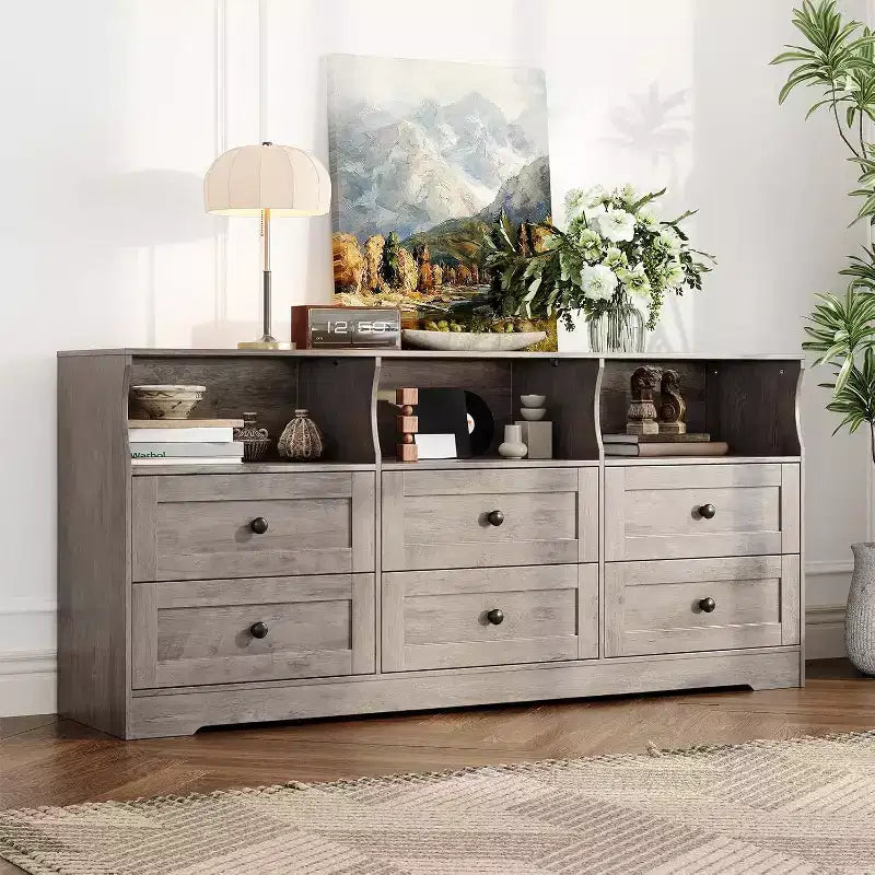 Commode de chambre à 6 tiroirs, commode étroite en bois de 160 cm avec étagère ouverte, commode mince pour chambre de bébé, appartement, organisation de placard