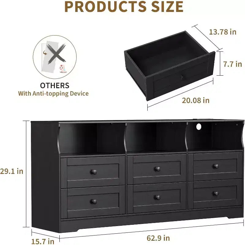 Commode de chambre à 6 tiroirs, commode étroite en bois de 160 cm avec étagère ouverte, commode mince pour chambre de bébé, appartement, organisation de placard