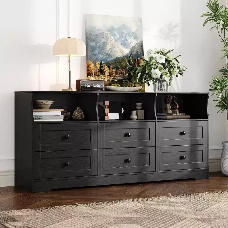 Commode de chambre à 6 tiroirs, commode étroite en bois de 160 cm avec étagère ouverte, commode mince pour chambre de bébé, appartement, organisation de placard
