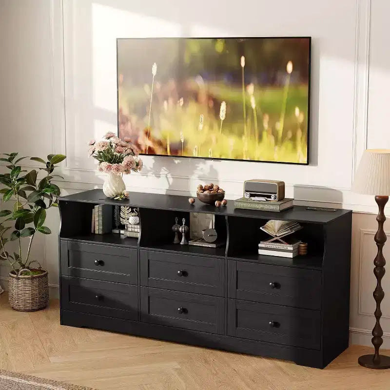 Commode de chambre à 6 tiroirs, commode étroite en bois de 160 cm avec étagère ouverte, commode mince pour chambre de bébé, appartement, organisation de placard