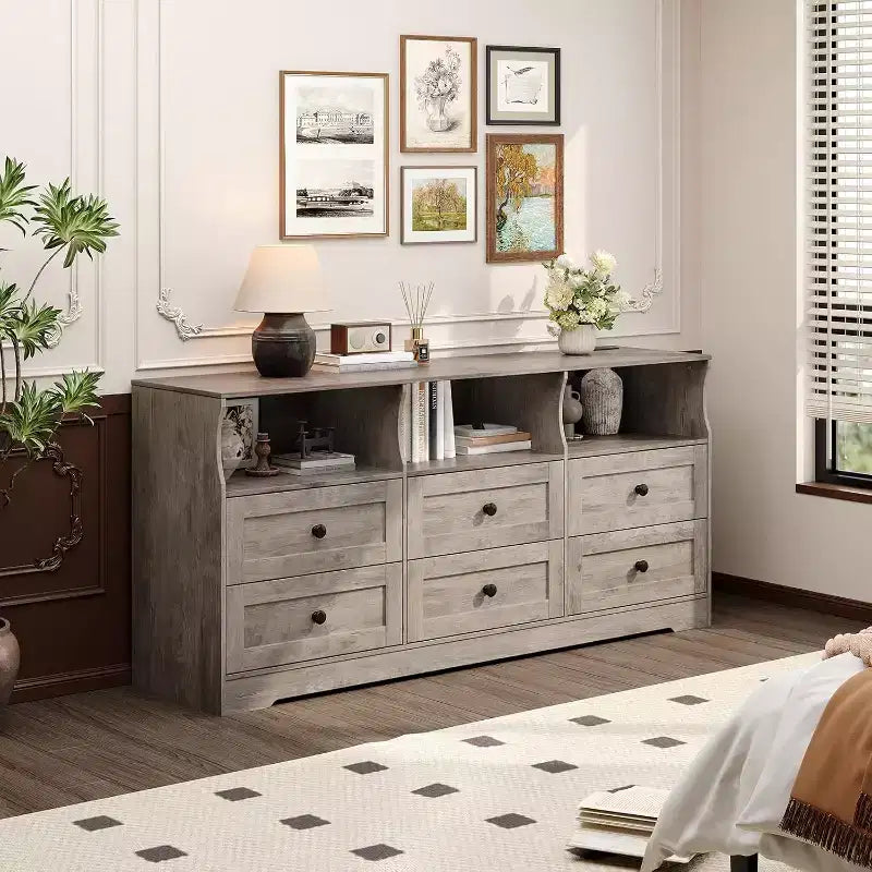 Commode de chambre à 6 tiroirs, commode étroite en bois de 160 cm avec étagère ouverte, commode mince pour chambre de bébé, appartement, organisation de placard