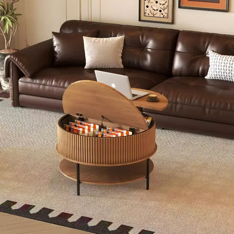Table basse relevable ronde GDFStudio Lewis Rustic 31,5 avec rangement dissimulé