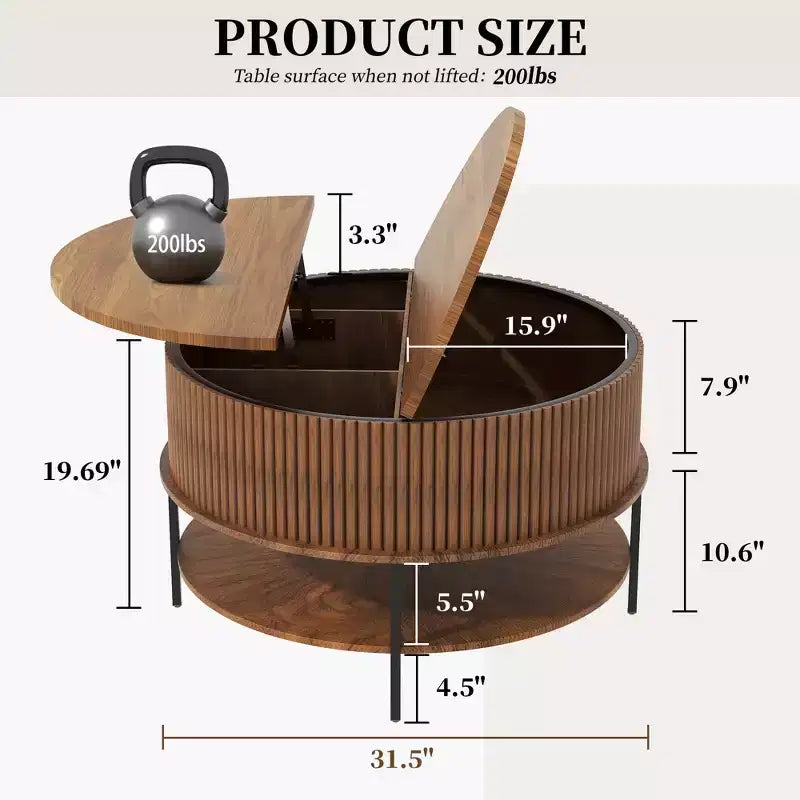 Table basse relevable ronde GDFStudio Lewis Rustic 31,5 avec rangement dissimulé