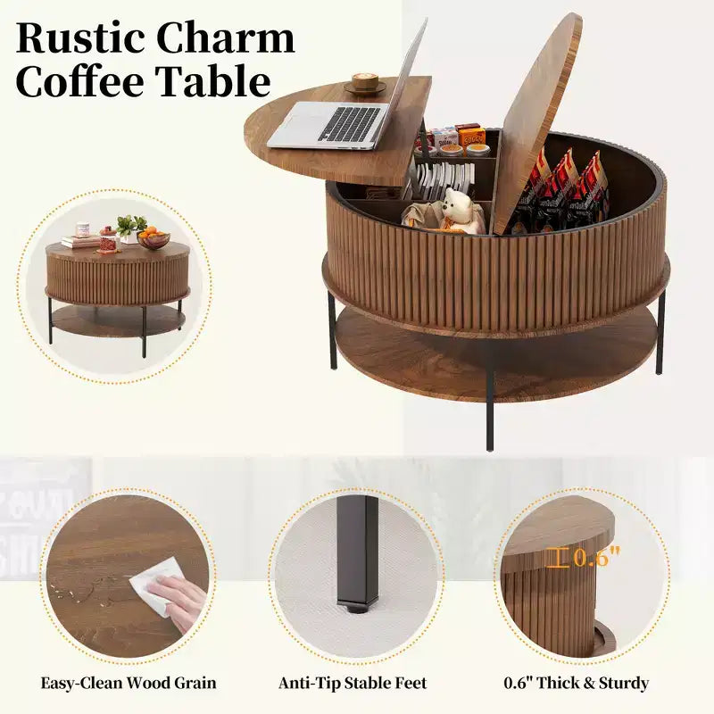 Table basse relevable ronde GDFStudio Lewis Rustic 31,5 avec rangement dissimulé