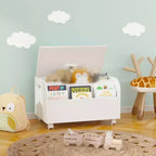 Coffre à jouets pour enfants avec étagère frontale, banc, couvercle à charnière de sécurité et rangement en bois.