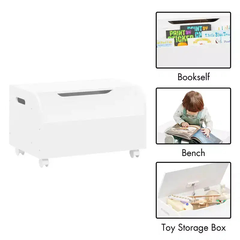Coffre à jouets pour enfants avec étagère frontale, banc, couvercle à charnière de sécurité et rangement en bois.