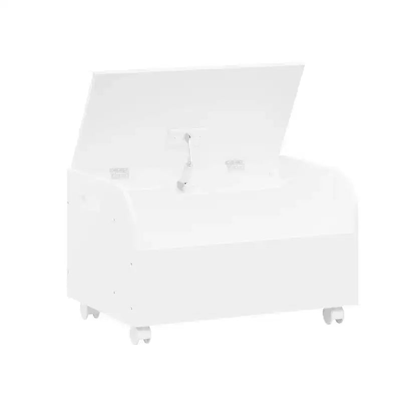 Coffre à jouets pour enfants avec étagère frontale, banc, couvercle à charnière de sécurité et rangement en bois.