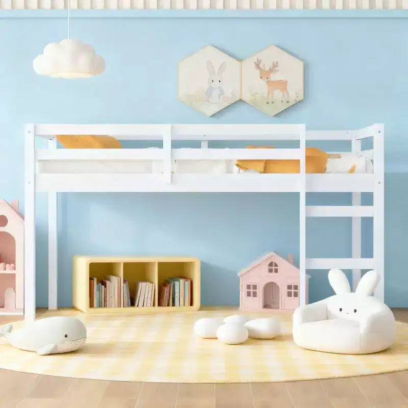 Lit mezzanine double Luxystar avec échelle, plateforme de lit à lattes renforcées pour chambre d'enfant et chambre d'amis