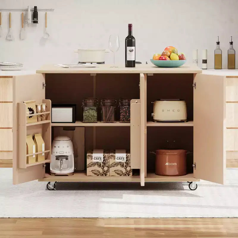 Îlot de cuisine en bois massif tressé à la main avec rabat, îlot de cuisine de style côtier sur roulettes avec étagère de rangement, chariot de cuisine roulant avec placage de frêne