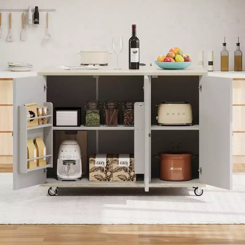 Îlot de cuisine en bois massif tressé à la main avec rabat, îlot de cuisine de style côtier sur roulettes avec étagère de rangement, chariot de cuisine roulant avec placage de frêne