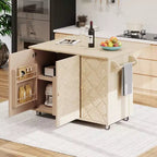 Îlot de cuisine en bois massif tressé à la main avec rabat, îlot de cuisine de style côtier sur roulettes avec étagère de rangement, chariot de cuisine roulant avec placage de frêne