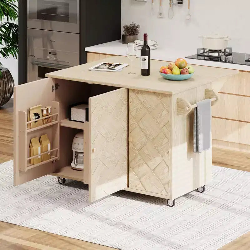 Îlot de cuisine en bois massif tressé à la main avec rabat, îlot de cuisine de style côtier sur roulettes avec étagère de rangement, chariot de cuisine roulant avec placage de frêne