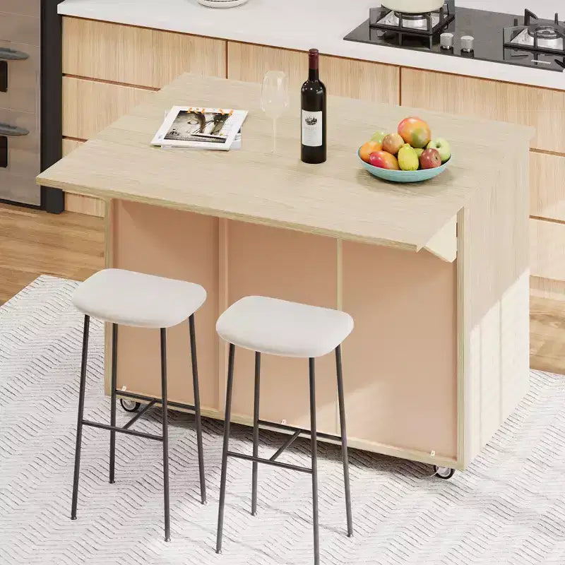 Îlot de cuisine en bois massif tressé à la main avec rabat, îlot de cuisine de style côtier sur roulettes avec étagère de rangement, chariot de cuisine roulant avec placage de frêne