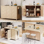 Îlot de cuisine en bois massif tressé à la main avec rabat, îlot de cuisine de style côtier sur roulettes avec étagère de rangement, chariot de cuisine roulant avec placage de frêne