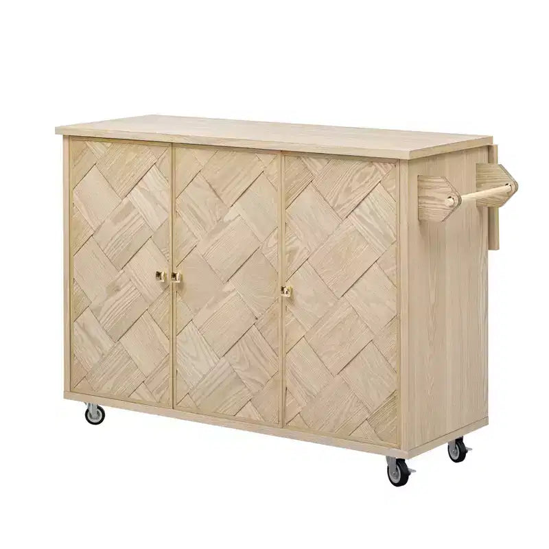 Îlot de cuisine en bois massif tressé à la main avec rabat, îlot de cuisine de style côtier sur roulettes avec étagère de rangement, chariot de cuisine roulant avec placage de frêne