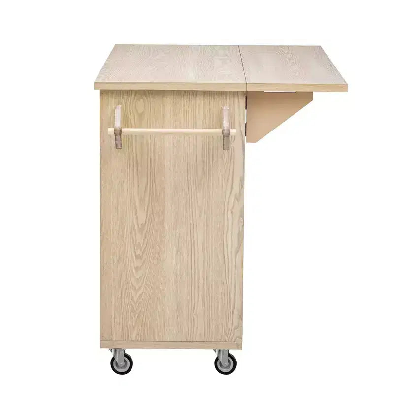 Îlot de cuisine en bois massif tressé à la main avec rabat, îlot de cuisine de style côtier sur roulettes avec étagère de rangement, chariot de cuisine roulant avec placage de frêne
