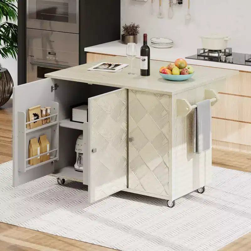 Îlot de cuisine en bois massif tressé à la main avec rabat, îlot de cuisine de style côtier sur roulettes avec étagère de rangement, chariot de cuisine roulant avec placage de frêne