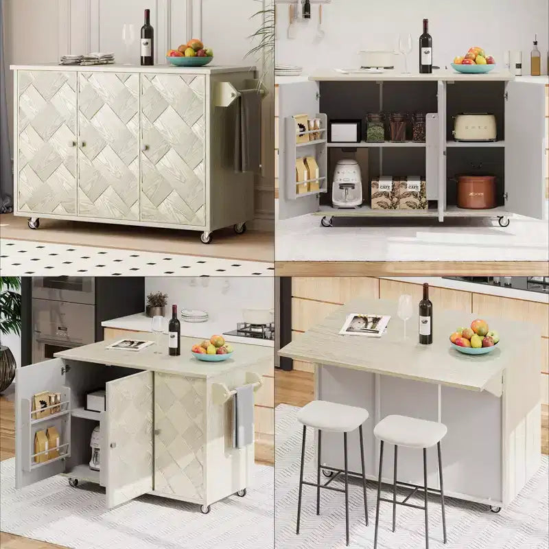 Îlot de cuisine en bois massif tressé à la main avec rabat, îlot de cuisine de style côtier sur roulettes avec étagère de rangement, chariot de cuisine roulant avec placage de frêne