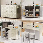 Îlot de cuisine en bois massif tressé à la main avec rabat, îlot de cuisine de style côtier sur roulettes avec étagère de rangement, chariot de cuisine roulant avec placage de frêne