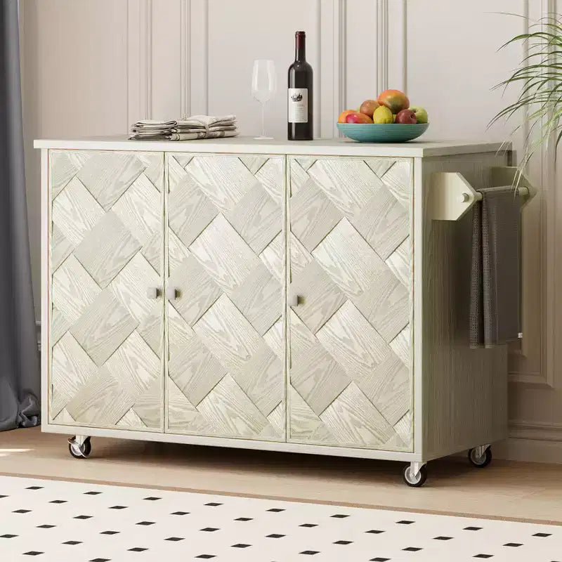 Solid Wood Handwoven Kitchen Island with Drop Leaf, Coastal Kitchen Island on Wheels with Storage Rack, Rolling Kitchen Cart with Ash Veneer