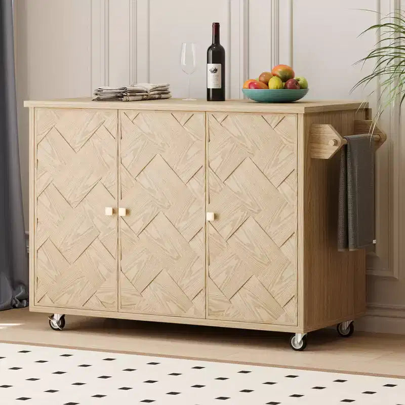 Îlot de cuisine en bois massif tressé à la main avec rabat, îlot de cuisine de style côtier sur roulettes avec étagère de rangement, chariot de cuisine roulant avec placage de frêne