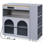 Îlot de cuisine roulant avec table extensible, îlot de cuisine sur roulettes avec lumières LED, prises électriques, 2 portes en verre cannelé et étagères de rangement
