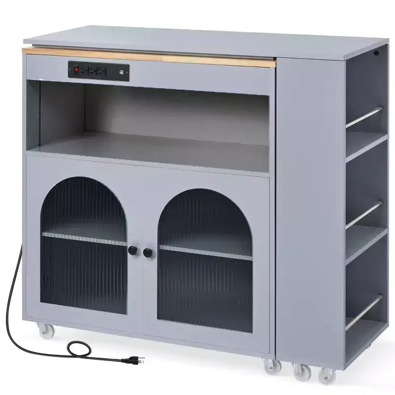 Îlot de cuisine roulant avec table extensible, îlot de cuisine sur roulettes avec lumières LED, prises électriques, 2 portes en verre cannelé et étagères de rangement