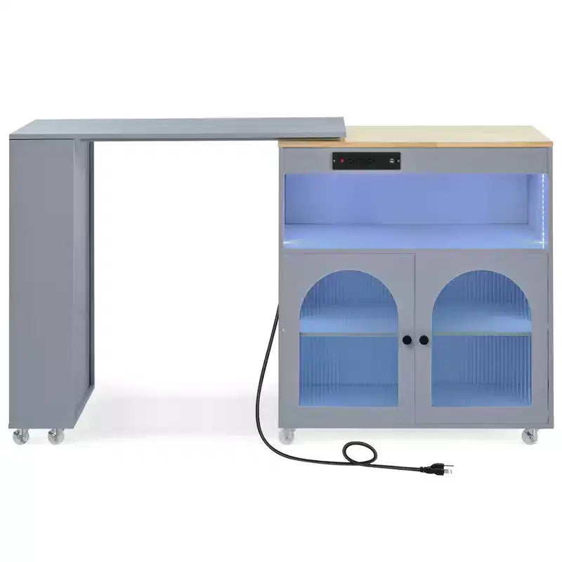 Îlot de cuisine roulant avec table extensible, îlot de cuisine sur roulettes avec lumières LED, prises électriques, 2 portes en verre cannelé et étagères de rangement