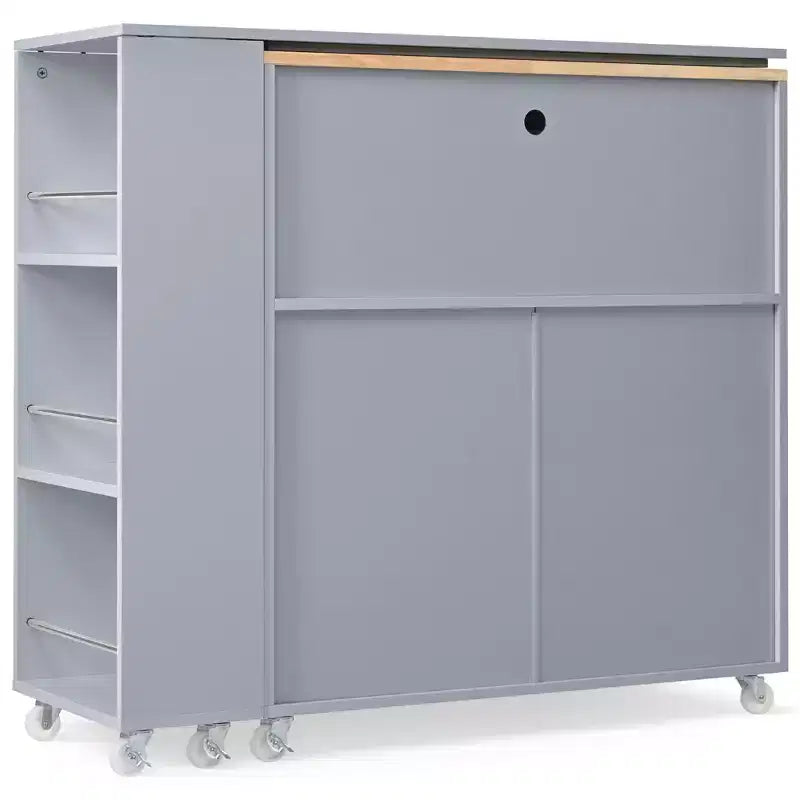 Îlot de cuisine roulant avec table extensible, îlot de cuisine sur roulettes avec lumières LED, prises électriques, 2 portes en verre cannelé et étagères de rangement