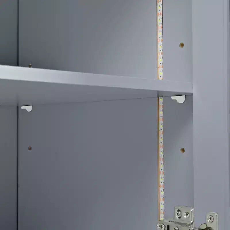 Îlot de cuisine roulant avec table extensible, îlot de cuisine sur roulettes avec lumières LED, prises électriques, 2 portes en verre cannelé et étagères de rangement