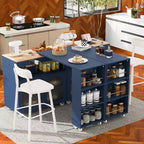 Îlot de cuisine roulant avec table extensible, îlot de cuisine sur roulettes avec lumières LED, prises électriques, 2 portes en verre cannelé et étagères de rangement