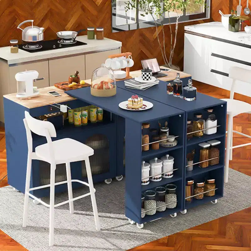 Îlot de cuisine roulant avec table extensible, îlot de cuisine sur roulettes avec lumières LED, prises électriques, 2 portes en verre cannelé et étagères de rangement
