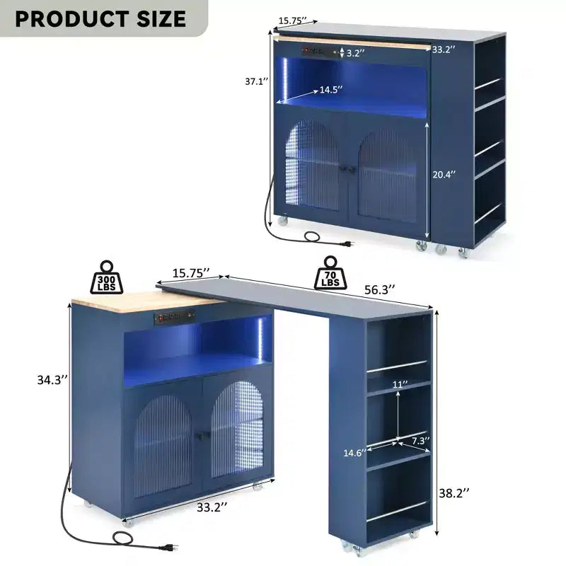 Îlot de cuisine roulant avec table extensible, îlot de cuisine sur roulettes avec lumières LED, prises électriques, 2 portes en verre cannelé et étagères de rangement