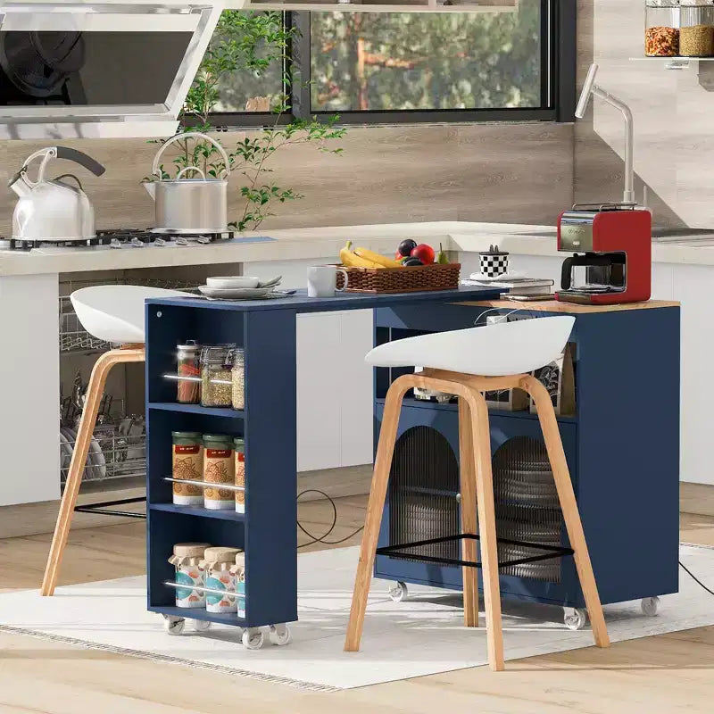Îlot de cuisine roulant avec table extensible, îlot de cuisine sur roulettes avec lumières LED, prises électriques, 2 portes en verre cannelé et étagères de rangement