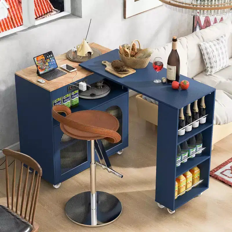 Îlot de cuisine roulant avec table extensible, îlot de cuisine sur roulettes avec lumières LED, prises électriques, 2 portes en verre cannelé et étagères de rangement