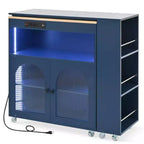 Îlot de cuisine roulant avec table extensible, îlot de cuisine sur roulettes avec lumières LED, prises électriques, 2 portes en verre cannelé et étagères de rangement