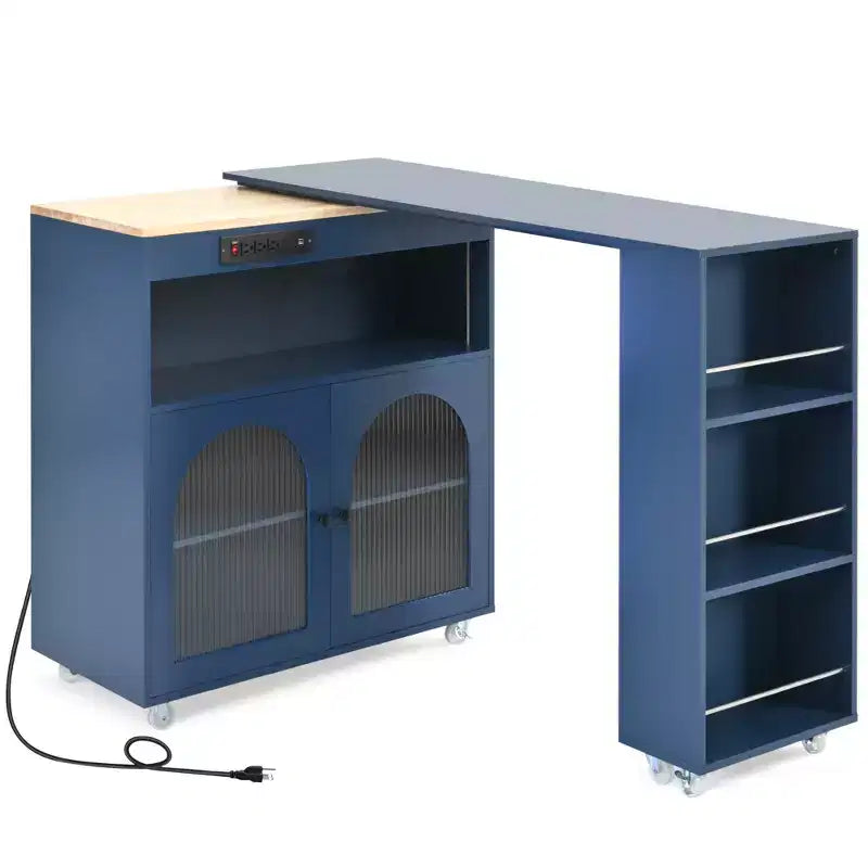 Îlot de cuisine roulant avec table extensible, îlot de cuisine sur roulettes avec lumières LED, prises électriques, 2 portes en verre cannelé et étagères de rangement