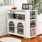 Îlot de cuisine roulant avec table extensible, îlot de cuisine sur roulettes avec lumières LED, prises électriques, 2 portes en verre cannelé et étagères de rangement