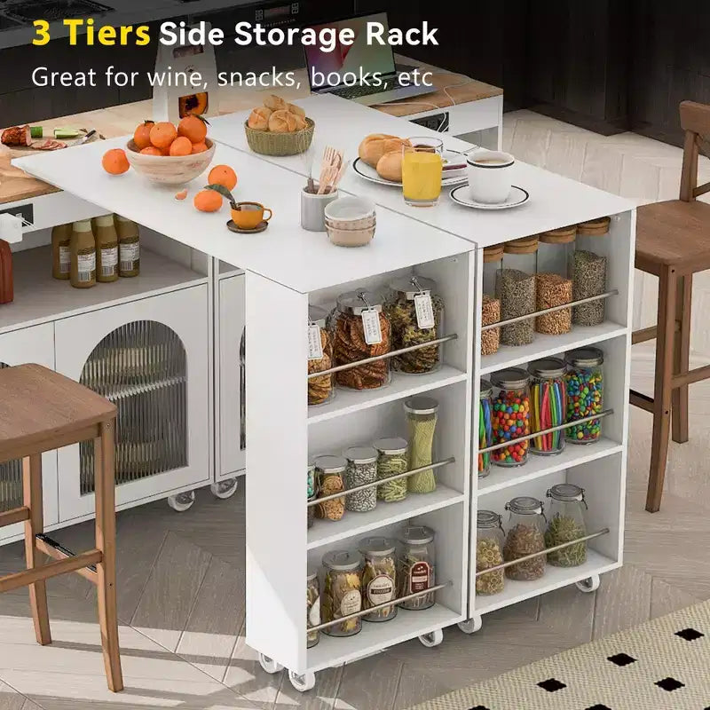 Îlot de cuisine roulant avec table extensible, îlot de cuisine sur roulettes avec lumières LED, prises électriques, 2 portes en verre cannelé et étagères de rangement