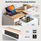 Îlot de cuisine roulant avec table extensible, îlot de cuisine sur roulettes avec lumières LED, prises électriques, 2 portes en verre cannelé et étagères de rangement